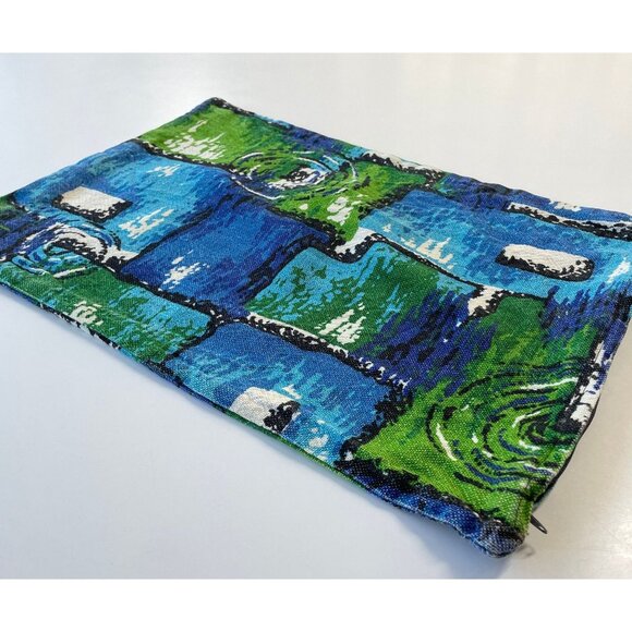 Vintage 70s throw pillow sham, blue green abstract decorative pillow cover - Picture 2 of 9
